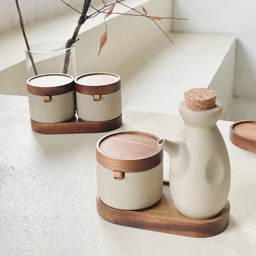 Japanese Ceramic Spice Jar with Wooden Lid for Kitchen Storage