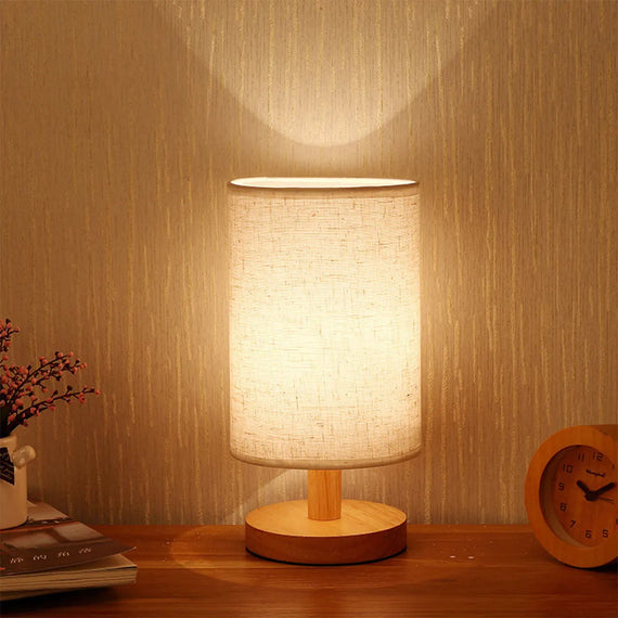 Wooden Bedside Lamp with USB Port and Fabric Shade for Bedroom Decor
