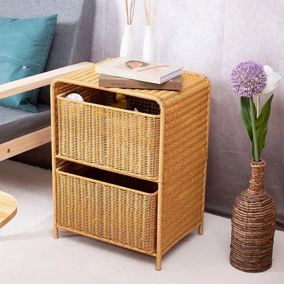 Rattan Woven Drawer Side Table for Living Room and Bedroom Storage