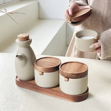 Japanese Ceramic Spice Jar with Wooden Lid for Kitchen Storage