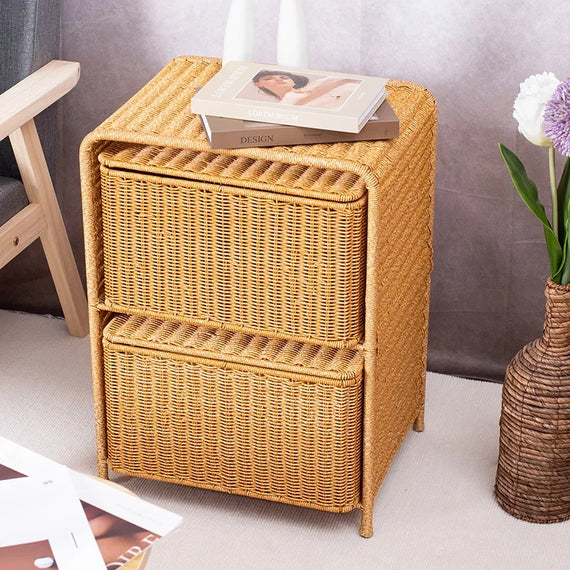 Rattan Woven Drawer Side Table for Living Room and Bedroom Storage